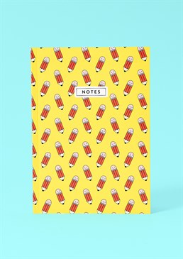 Time to put pencil to paper and write down all your brilliant ideas! This cute and colourful notebook features a fun design with a repeat pattern of tiny pencil characters and says &lsquo;Notes&rsquo; on the cover. Great for school or uni, how could this not inspire you to smash your studies?! This A5 softback yellow notebook is perfect bound and contains high quality lined paper. This is a Scribbler exclusive product designed and printed in the UK.